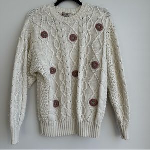 Vintage Chunky Knit Embroidered Floral Grannycore White Wool Blend Sweater